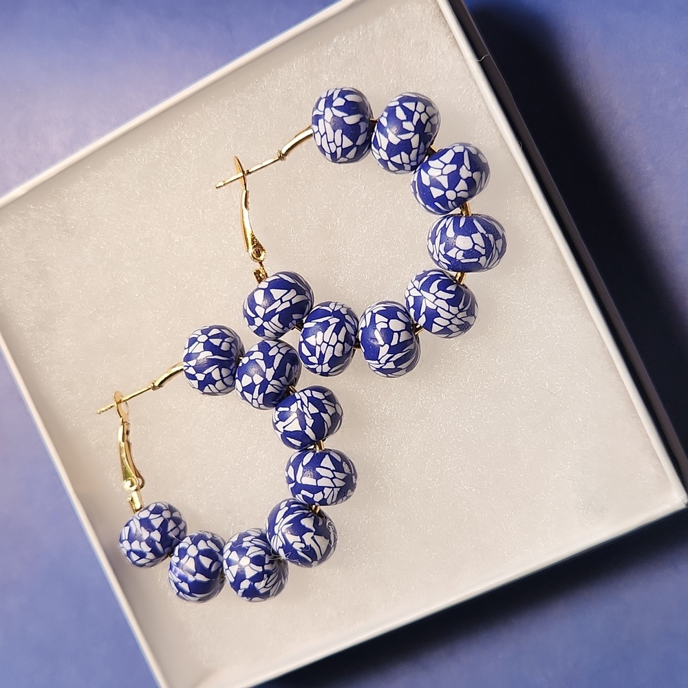 Handmade Clay Bead 18k Gold Plated Hoop Earrings